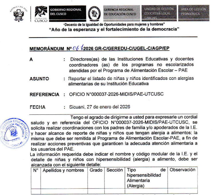 Reportar el listado de niñas y niños identificados con alergias alimentarias de su institución educativa